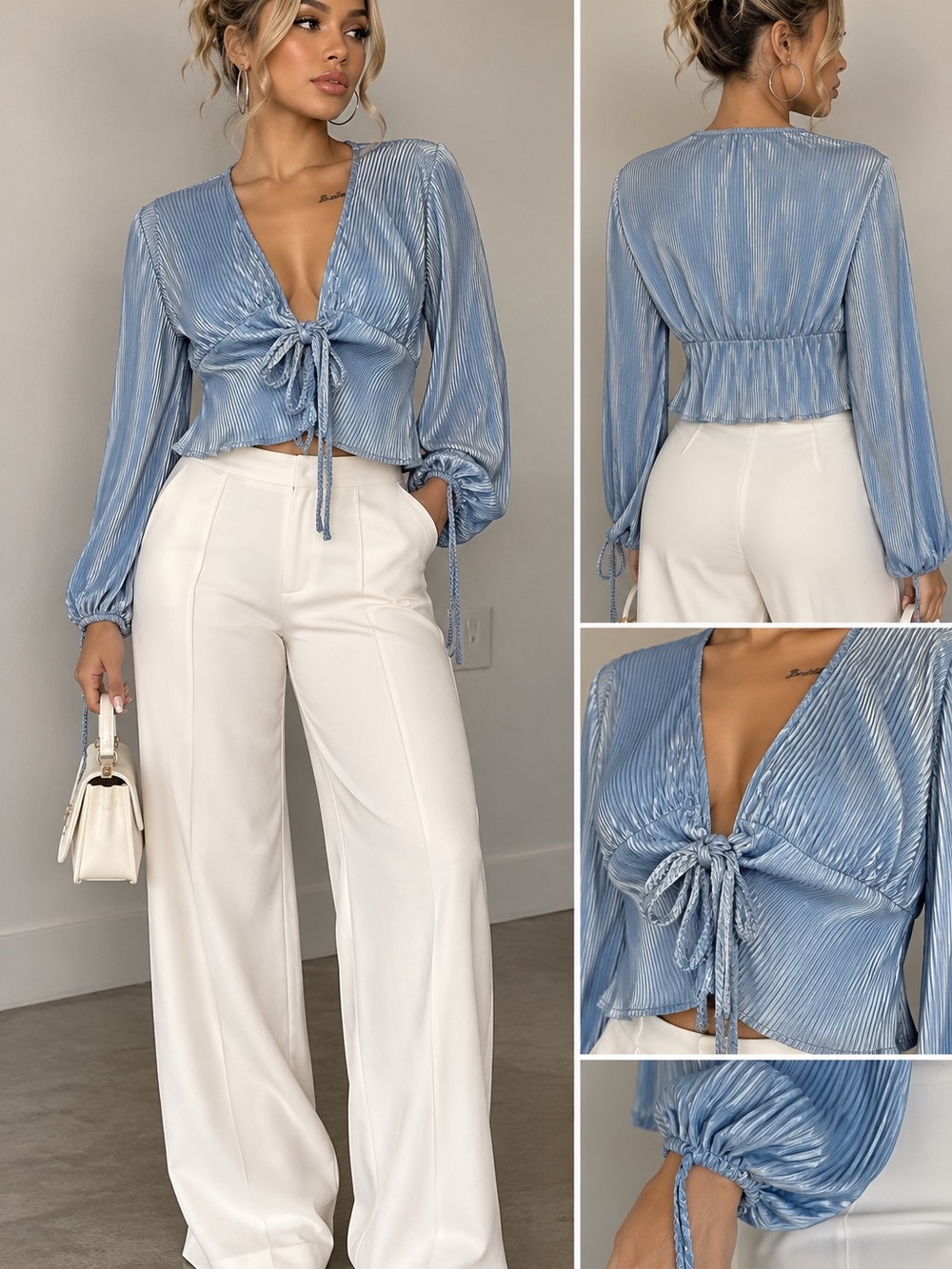 Boohoo Light Blue Pleated Tie-Front Blouse